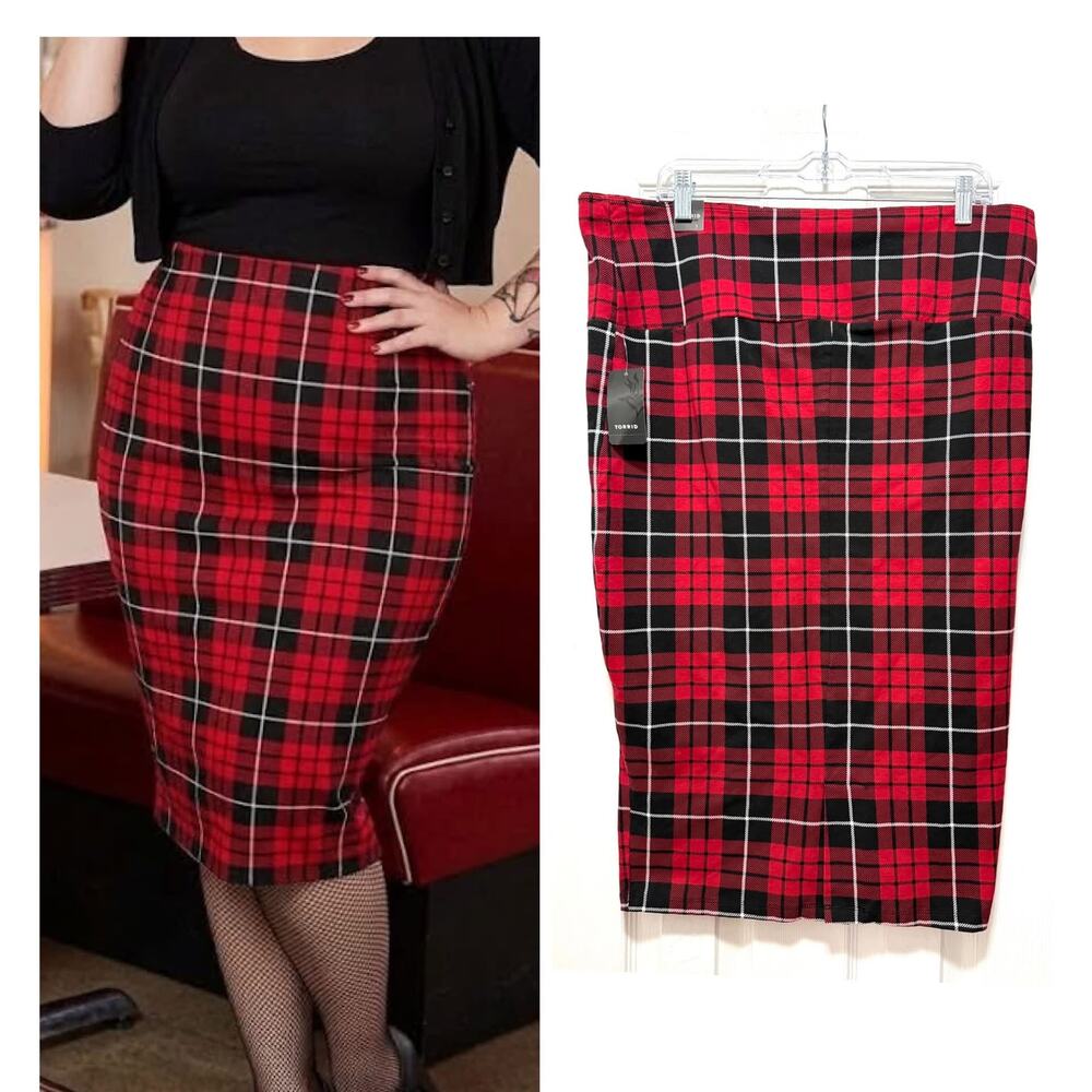 Torrid 1 (1X 14/16) Sexy Red Plaid Fitted Pin Up Pencil Midi Fold Over Skirt New
